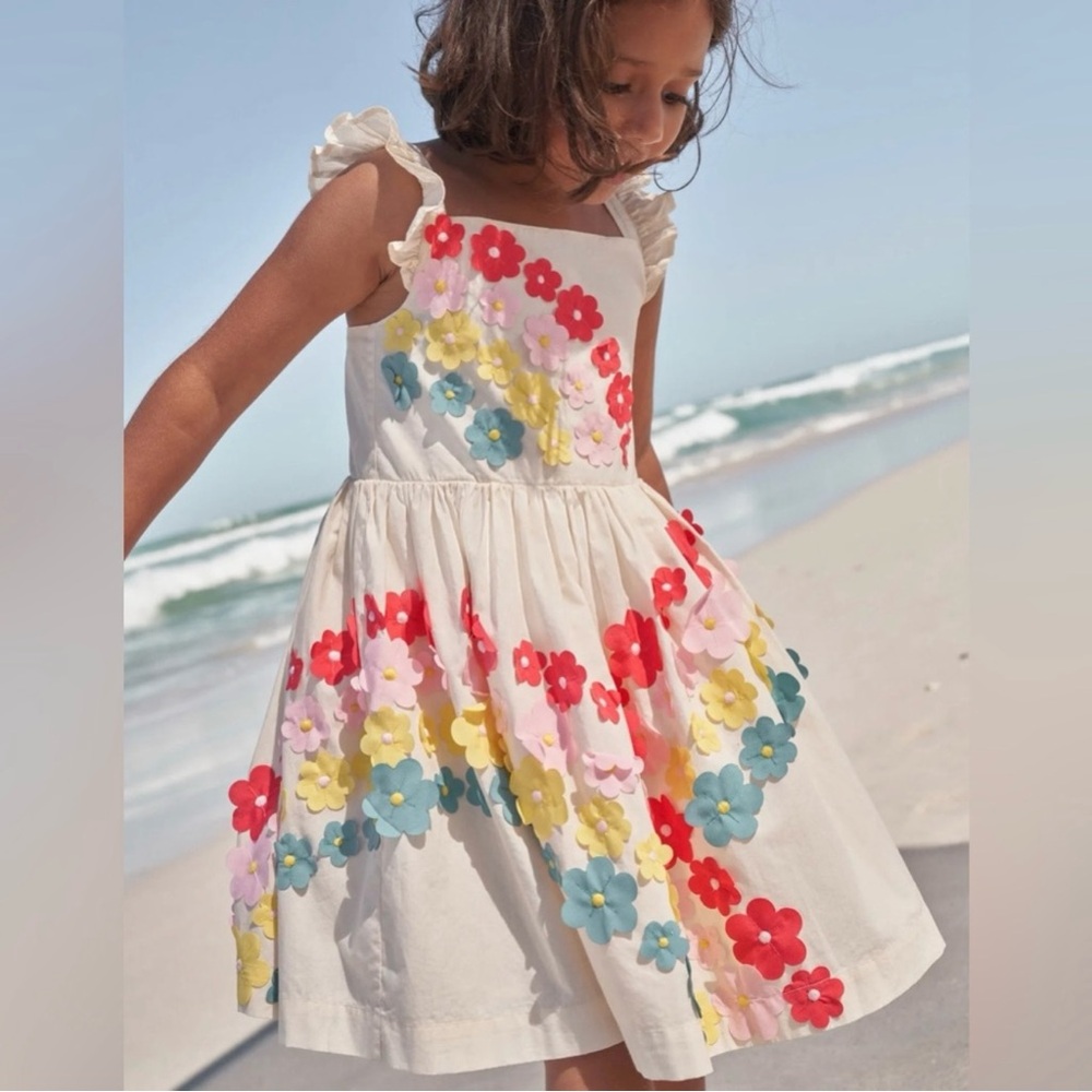 Mini Boden Flutter Flower Applique Rainbow Smocked Cream Dress